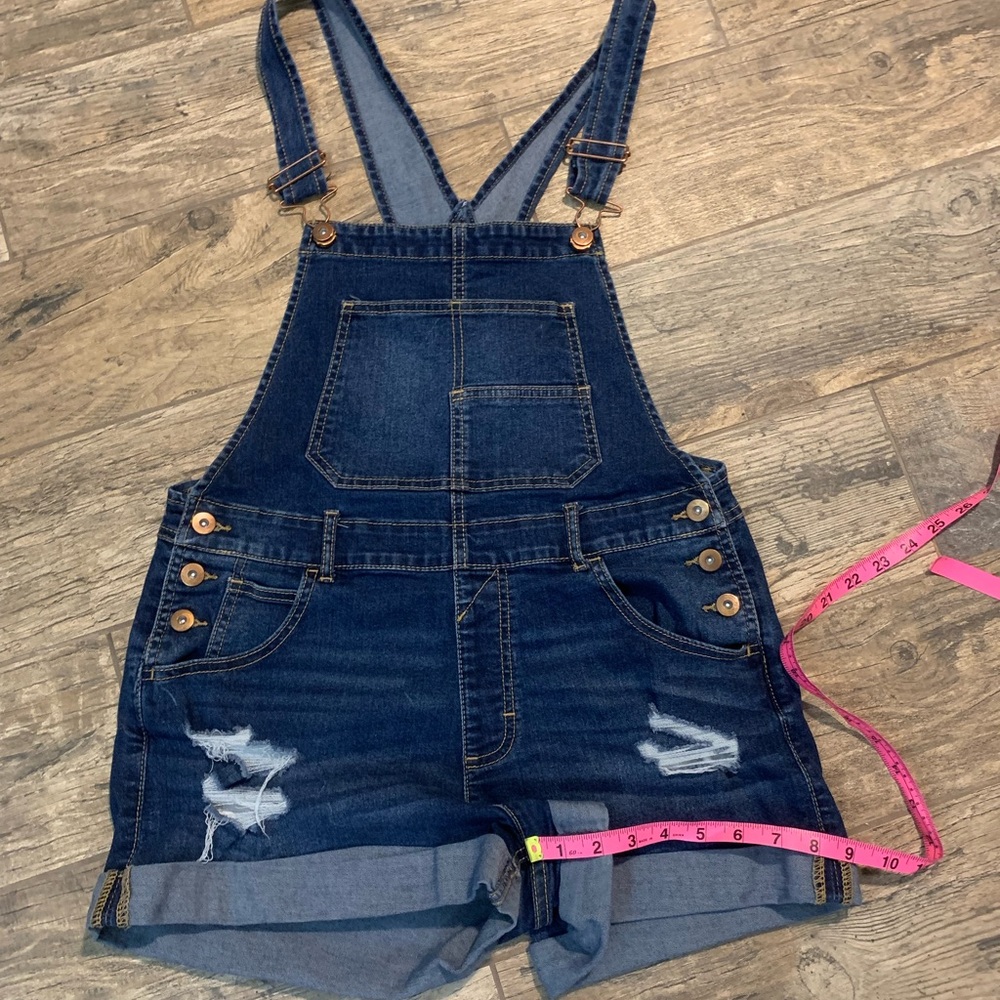 Juniors no boundaries size 7 dark blue denim wash overall shorts Preloved - Picture 5 of 5